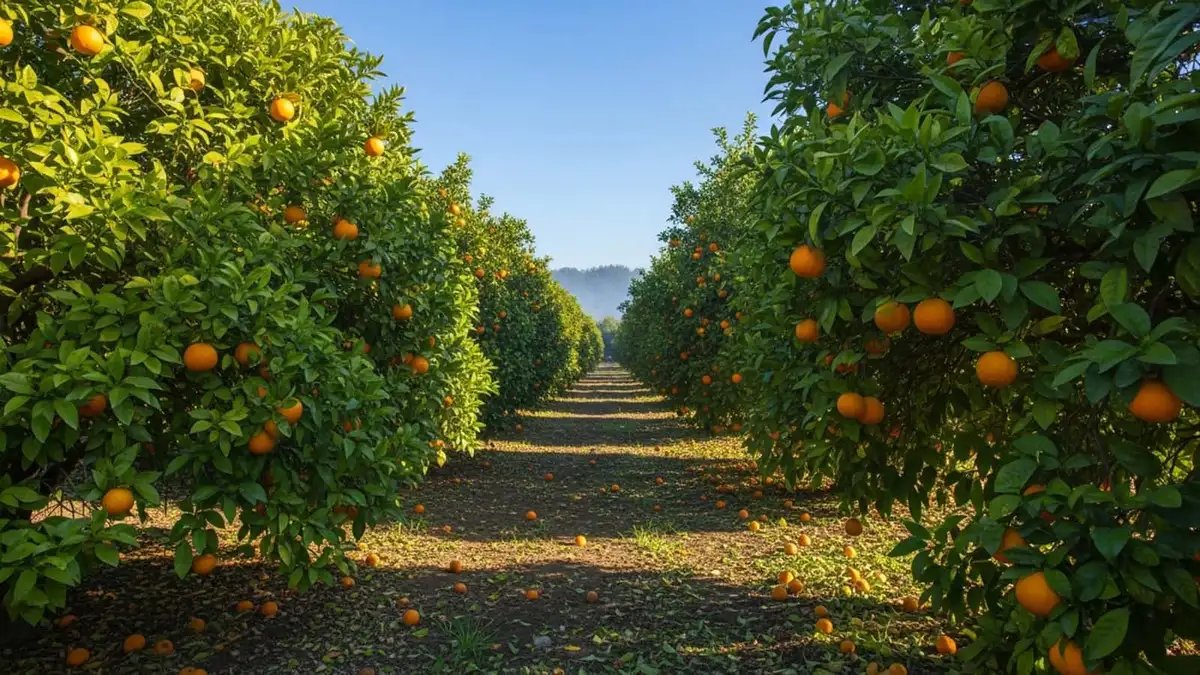 High-density citrus orchard with fruit-bearing trees in organized rows, illustrating sustainable fruit cultivation and year-round agricultural productivity.